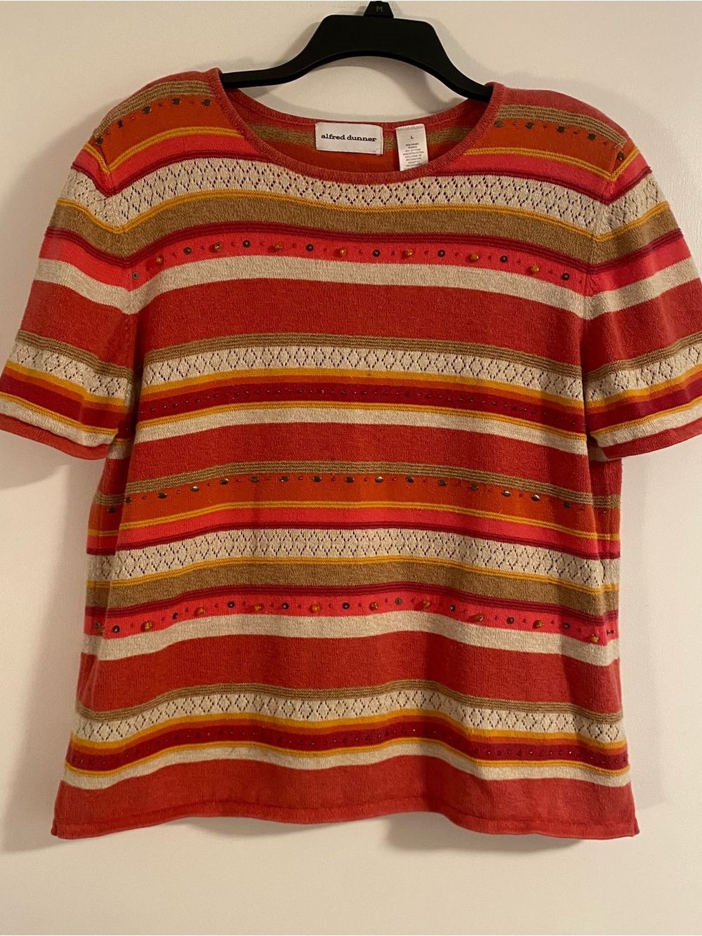 Vintage Alfred Dunner Knit Blouse Women’s L Coral Pink Stipe Beaded GrannyCore